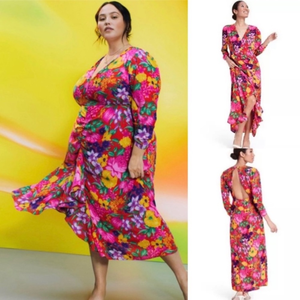 RIXO x Target Pink Cascade Ruffle Floral Midi Dress Open Back NWT Size 24W/26W